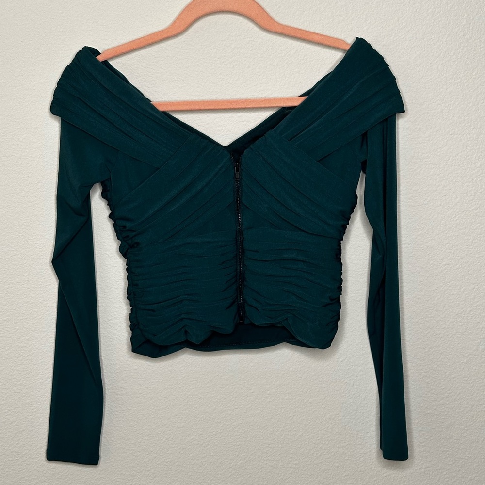 Self Portrait -  Green, cropped, zip up blouse